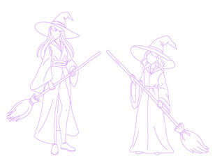 Halloween witch holding a broom line art illustration