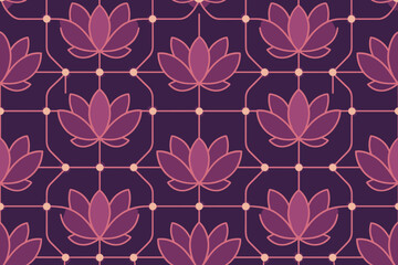 Seamless lotus flower pattern with glowing geometric grid on dark background