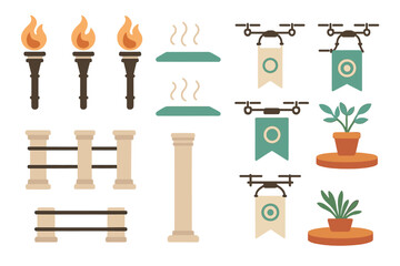Stylized game UI elements with torches, drones, pillars, and plants
