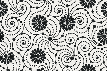 Seamless floral swirl pattern with bold black flowers and dots