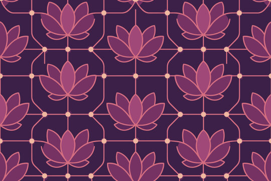 Seamless lotus flower pattern with glowing geometric grid on dark background