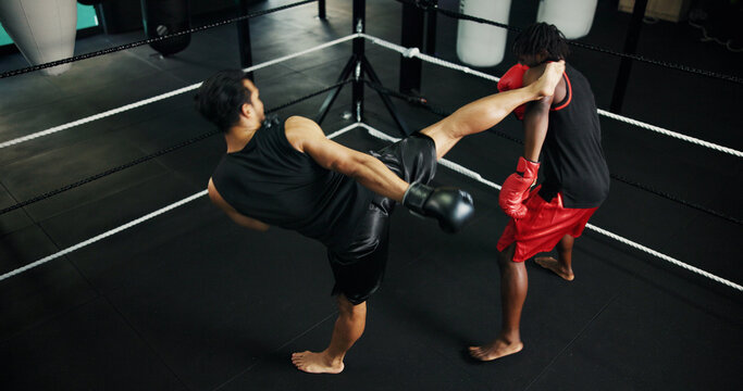Gym, kick and training with people in boxing ring for sports, fitness or sparring. Boxer, challenge and self defense with men together in combat for competition, exercise or performance as athlete