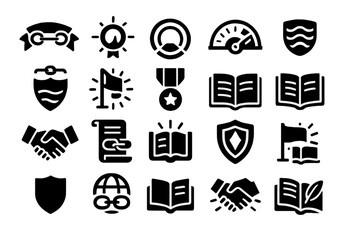 Black and white academic and achievement icon set with shields and books