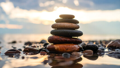 Stacked stones stand peacefully against a vibrant sunset sky, creating a sense of balance and tranquility on the serene beach.