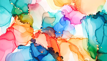 Vibrant abstract artwork features swirling blends of pink, blue, orange, and teal hues, creating a fluid and colorful backdrop.