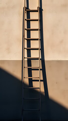 Tall extension ladder leaning against facade casting long shadow across wall in renovation site at dusk