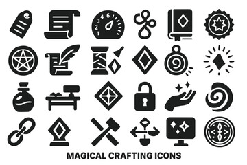Dark fantasy UI set of magical crafting icons with scrolls, tools, and spells