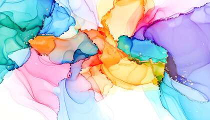 Flowing vibrant colors create a dynamic alcohol ink abstract art piece with gold accents on a bright white canvas.