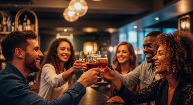 Friends celebrating with drinks at a lively bar
