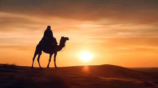 A silhouette of a man riding a camel against a stunning sunset in a desert landscape.