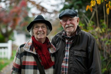 Fototapeta premium Portrait of a merry caucasian couple in their 80s walking together