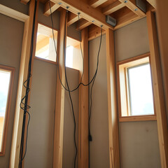 Exposed electrical wiring hanging from unfinished timber frame highlighting initial wiring installation stage