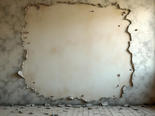Large wall surface with peeling plaster revealing underlying structure in abandoned building undergoing restoration work
