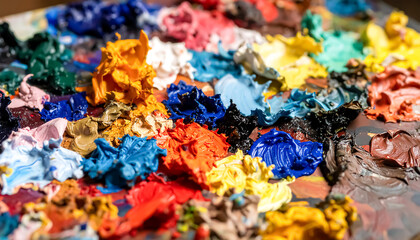 Vibrant palette of oil paints displaying artistic colors and textures, suitable for creative art designs and projects.