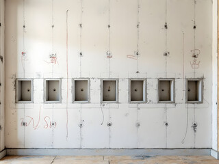 Section of tiled wall with plumbing box cutouts indicating bathroom renovation rough-in stage before fixture installation