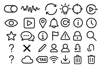 Comprehensive black UI icon set with symbols for media, alerts, and tools