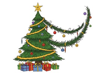 Decorated christmas tree with star and gifts