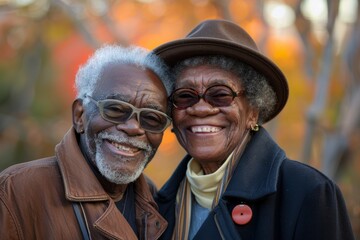 Portrait of a grinning afro-american couple in their 80s enjoying a sunset together