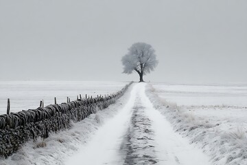 Dynamic snowy path lone tree minimalist winter landscape  
