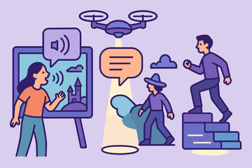 Illustration of interactive learning with a drone, voice commands, and animated characters.