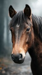 Obraz premium Majestic brown horse captured in a misty forest during early morning light