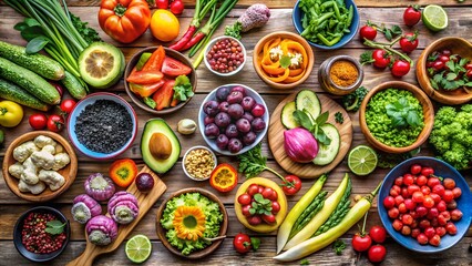 a vibrant, colorful spread of fresh fruits, vegetables, and plant-based dishes on a rustic wooden table