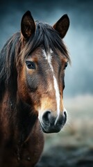 Obraz premium Majestic horse with expressive eyes stands against a soft blurred background at twilight in a serene landscape