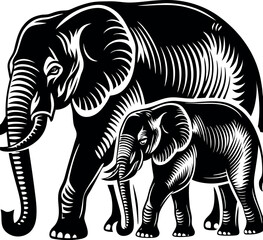 Mother and baby elephant walking side by side, silhouette vector art