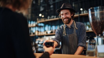 Obraz premium Caucasian male barista handing a freshly brewed coffee to a customer at a stylish cafe counter, friendly expression