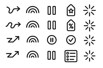 Minimalist icon set featuring arrows, progress indicators, tags, and stars.
