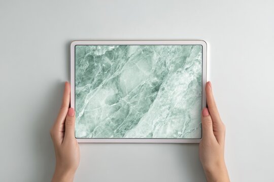 Hands Holding Tablet Displaying Elegant Green Marble Pattern