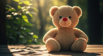 Adorable Fluffy Teddy Bear Sitting Outdoors in Sunlight