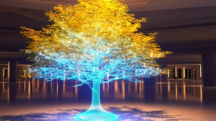 A holographic tree with a blue glowing trunk and golden leaves stands on a reflective floor in a modern interior, concept of nature and technology - Powered by Adobe
