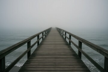 Obraz premium A long wooden pier stretching out into the ocean on a foggy day