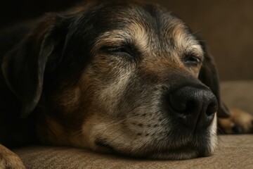 A dog sleeping on a couch with its eyes closed