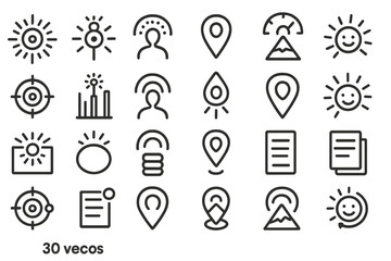 Set of 30 simple vector icons representing concepts like location, energy, data, and natural elements.