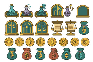Fantasy game UI icons with potions, scrolls, runes, windows, and coin bags