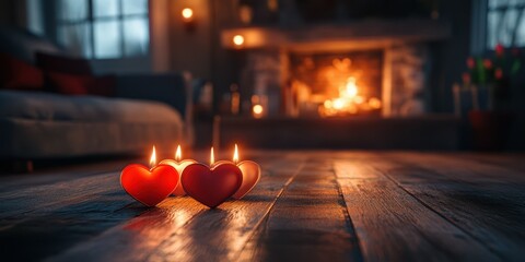 Romantic setting with heart-shaped candles illuminating a cozy living room during the evening