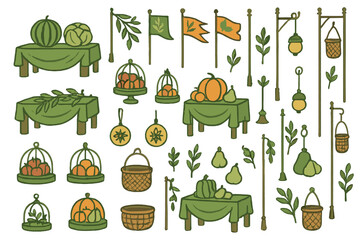 Illustration of market-style produce displays, including fruits, flags, and lanterns.