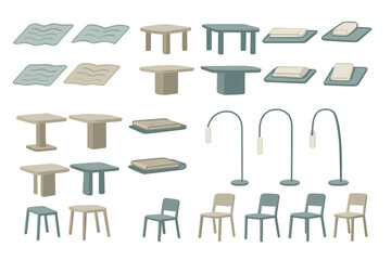 Illustration of minimalist study furniture, including tables, books, and lamps.