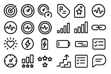 Dark UI icon set featuring metrics, tags, energy, and performance