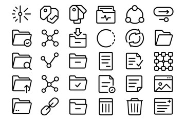 Minimalist black icon set for file management, tags, sync, and interface tools