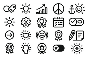 Dark mood and achievement icon set with badges, goals, and symbols