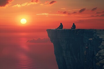 High Quality Picture of Two People Sitting on a Cliff Watching the Sunset