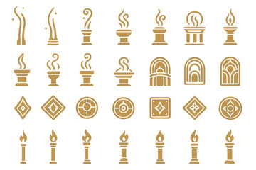 Set of glowing golden torch icons on textured bronze background