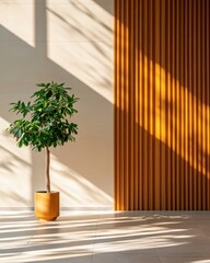 Leeyongjay architecture highlights a potted plant with linear shadows playing on a wall of minimalist design and fluted wood panels creating a modern aesthetic.