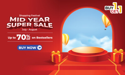 Mid Year Super Sale Red Podium Background