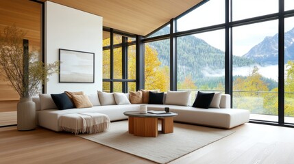 A minimalist Scandinavian living room designed by leeyongjay features a clean, bright space with large showcasing stunning mountain views beautifully.