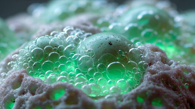 Green glowing bubbles science experiment create mysterious atmosphere resembling dinosaur cloning futuristic laboratory with foam texture and soft