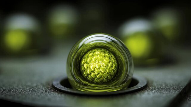 Golf ball glowing green light in hole sport game with dinosaur cloning experiment concept showing futuristic scientific research innovation